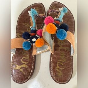 Sam Edelman Brown Leather Pom Pom Embellished Thong Sandals